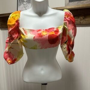 Revolve Rumer Sunshine Linen Floral Puff Sleeve Crop XXS NWT Garden Party Picnic
